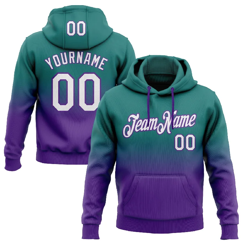 One Size Stitched Teal White-Purple Fade Fashion Sports Pullover Sweatshirt Hoodie