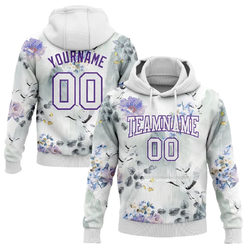 One Size Stitched White Purple 3D Pattern Design Crane And Flower Sports Pullover Sweatshirt Hoodie