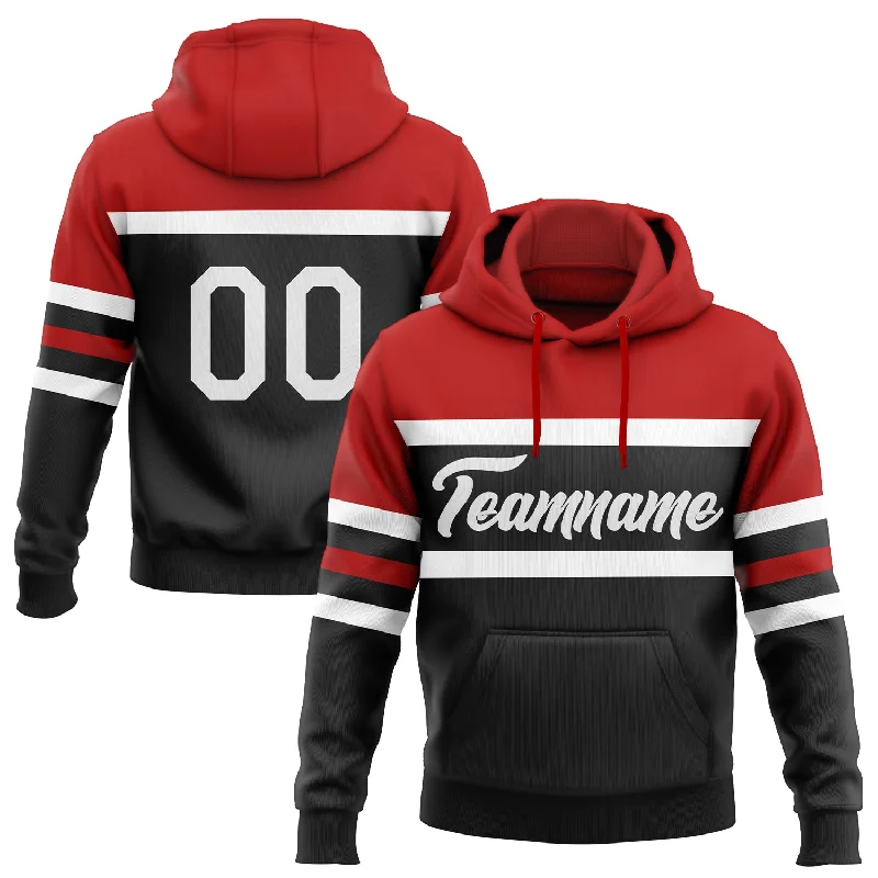 One Size Stitched Black White-Red Line Sports Pullover Sweatshirt Hoodie