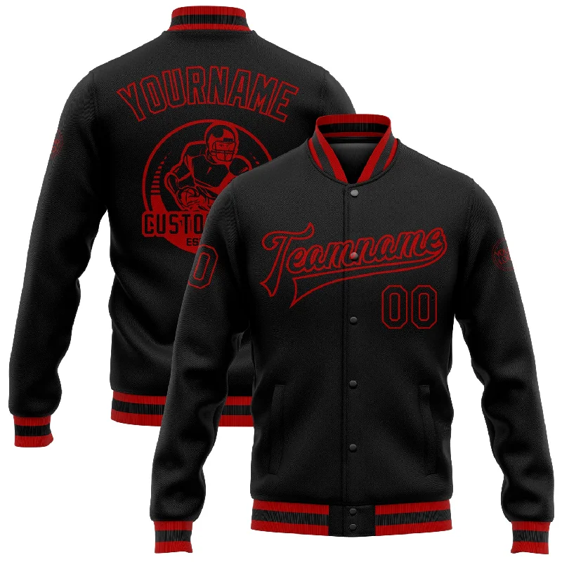 One Size Black Black-Red Bomber Full-Snap Varsity Letterman Jacket