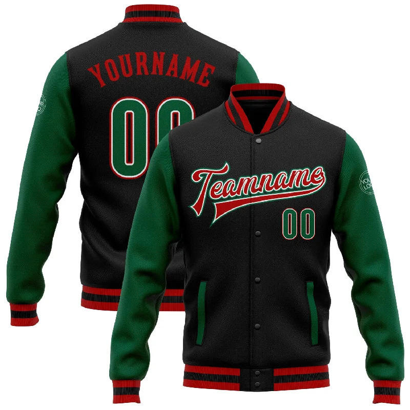 One Size Black Kelly Green-Red Bomber Full-Snap Varsity Letterman Two Tone Jacket