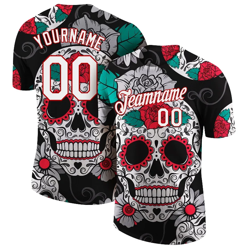 One Size Black White-Red 3D Skull Fashion Performance T-Shirt