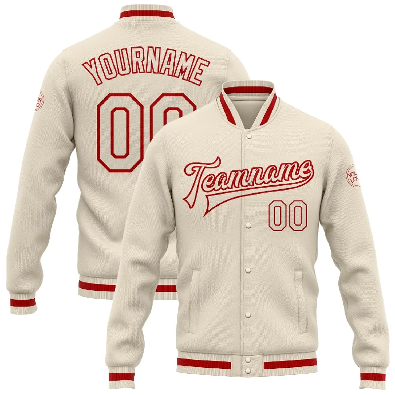 One Size Cream Cream-Red Bomber Full-Snap Varsity Letterman Jacket