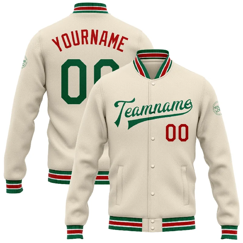 One Size Cream Kelly Green-Red Bomber Full-Snap Varsity Letterman Jacket