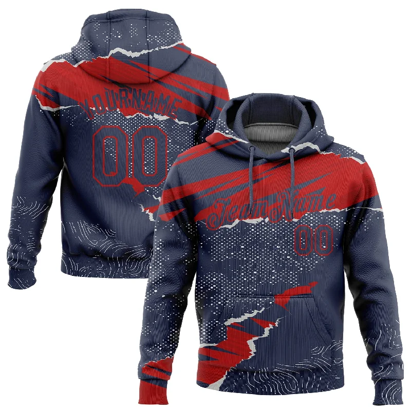 One Size Stitched Navy Red 3D Pattern Design Torn Paper Style Sports Pullover Sweatshirt Hoodie