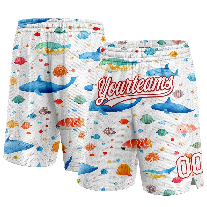 One Size White Red 3D Pattern Whale And Fish Authentic Basketball Shorts