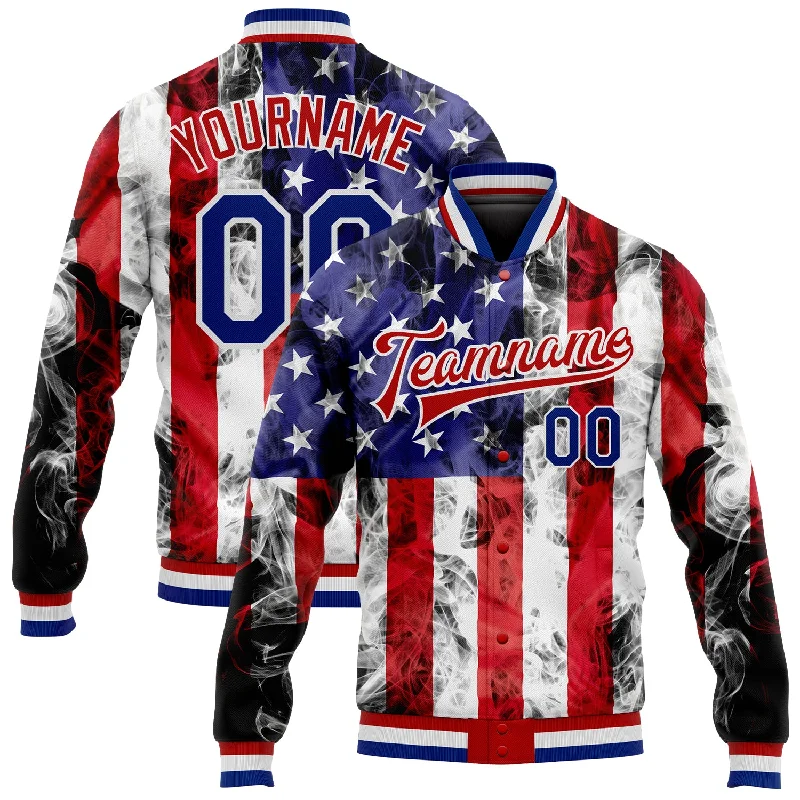 One Size White Royal-Red American Flag Fashion 3D Bomber Full-Snap Varsity Letterman Jacket