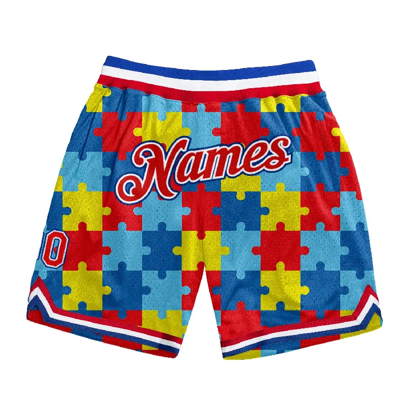 One Size Black Red-Royal 3D Pattern Design Autism Awareness Puzzle Pieces Authentic Basketball Shorts