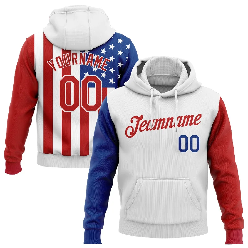 One Size Stitched White Red-Royal 3D American Flag Fashion Sports Pullover Sweatshirt Hoodie