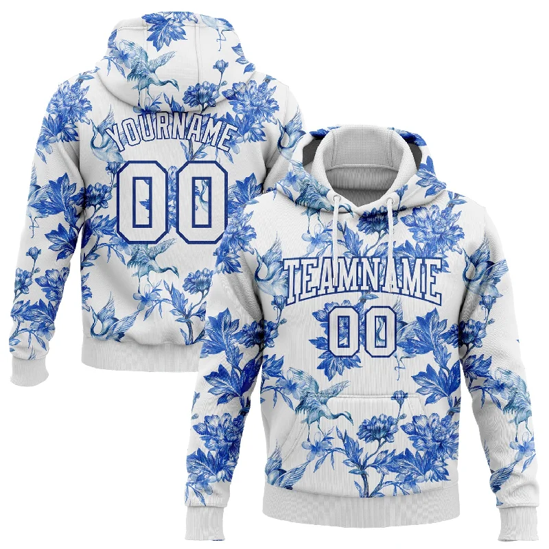 One Size Stitched White Royal 3D Pattern Design Heron And Flower Sports Pullover Sweatshirt Hoodie