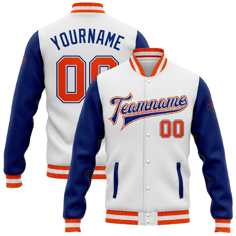 One Size White Orange-Royal Bomber Full-Snap Varsity Letterman Two Tone Jacket