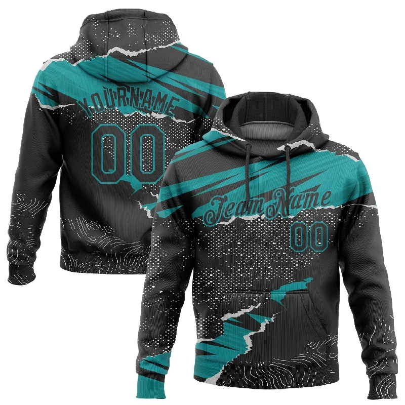 One Size Stitched Black Teal 3D Pattern Design Torn Paper Style Sports Pullover Sweatshirt Hoodie