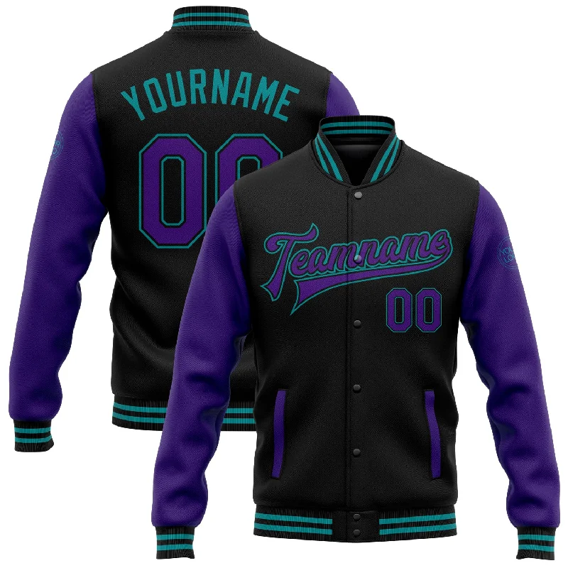 One Size Black Purple-Teal Bomber Full-Snap Varsity Letterman Two Tone Jacket