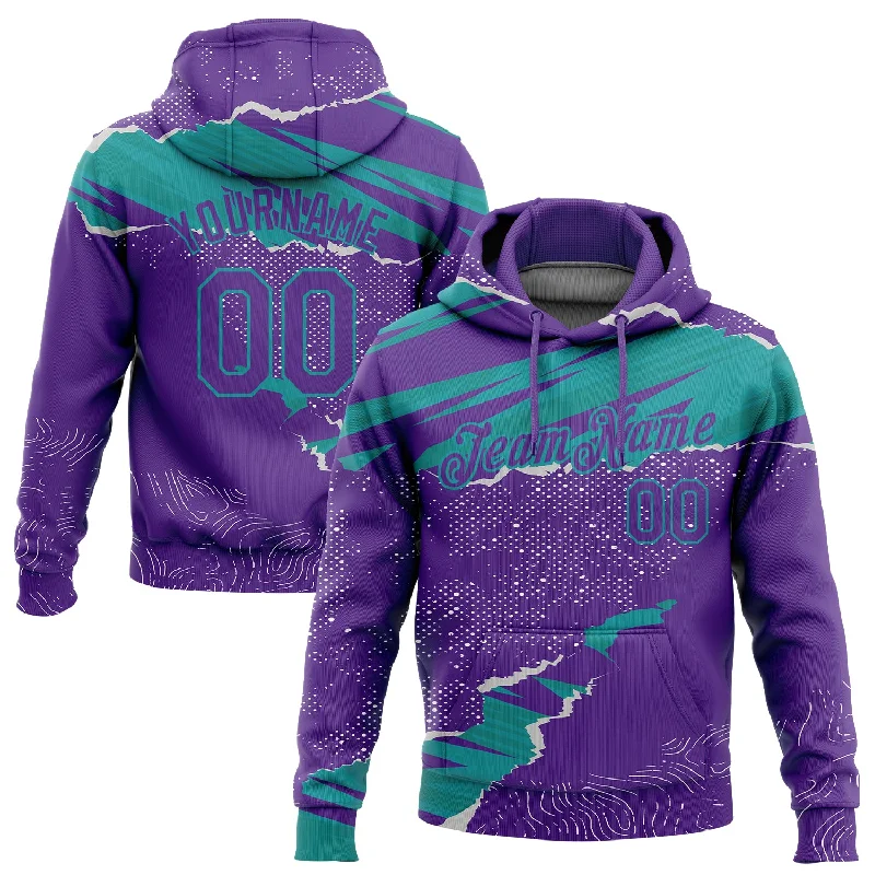 One Size Stitched Purple Teal 3D Pattern Design Torn Paper Style Sports Pullover Sweatshirt Hoodie