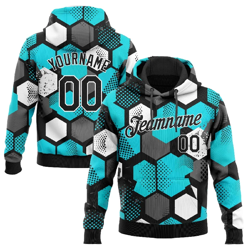 One Size Stitched Aqua Black-White 3D Pattern Design Sports Pullover Sweatshirt Hoodie