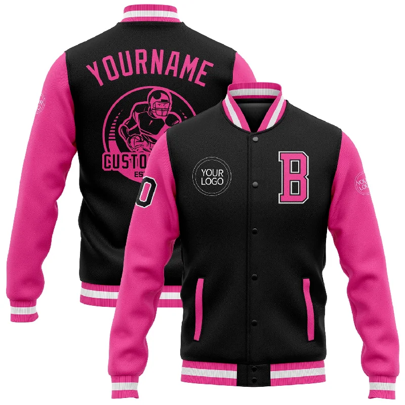 One Size Black Pink-White Bomber Full-Snap Varsity Letterman Two Tone Jacket