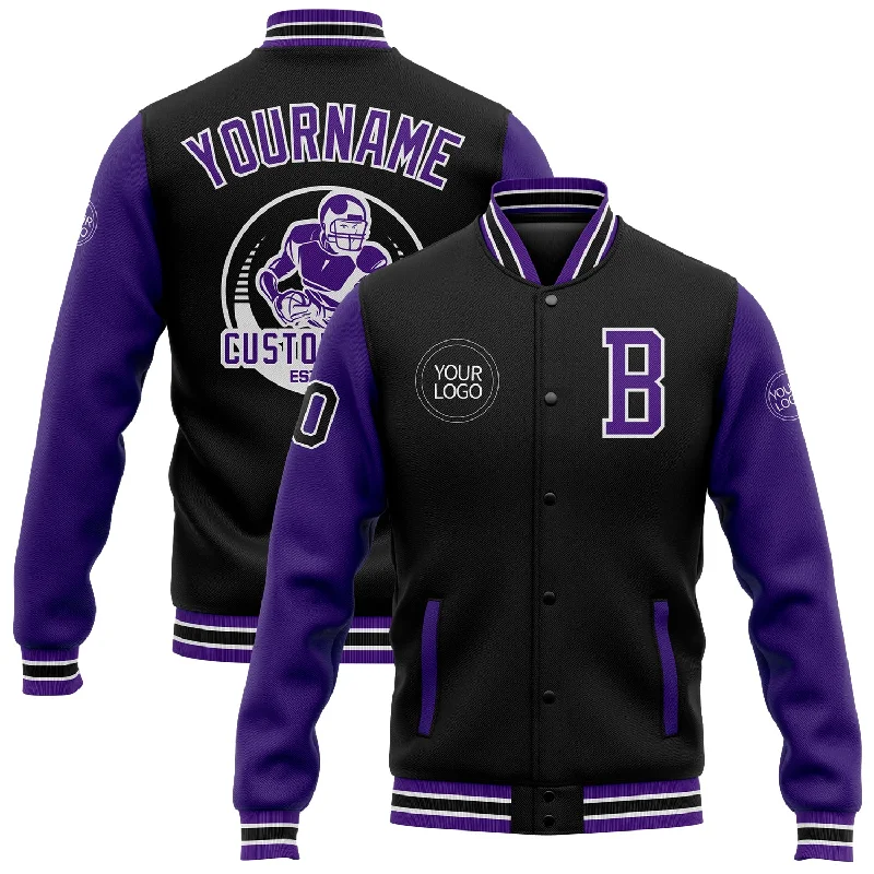 One Size Black Purple-White Bomber Full-Snap Varsity Letterman Two Tone Jacket