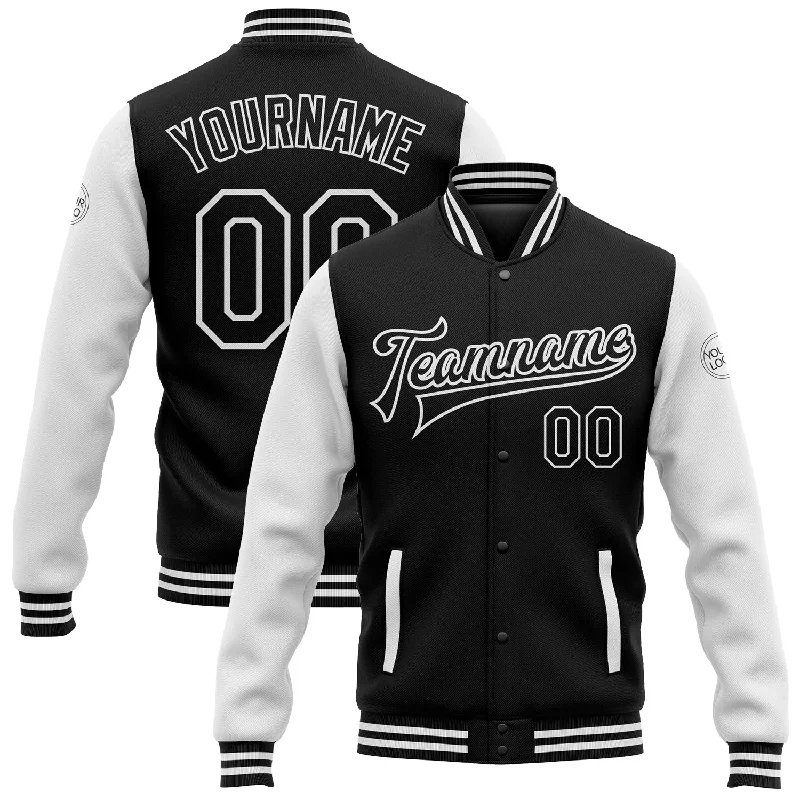 One Size Black White Bomber Full-Snap Varsity Letterman Two Tone Jacket