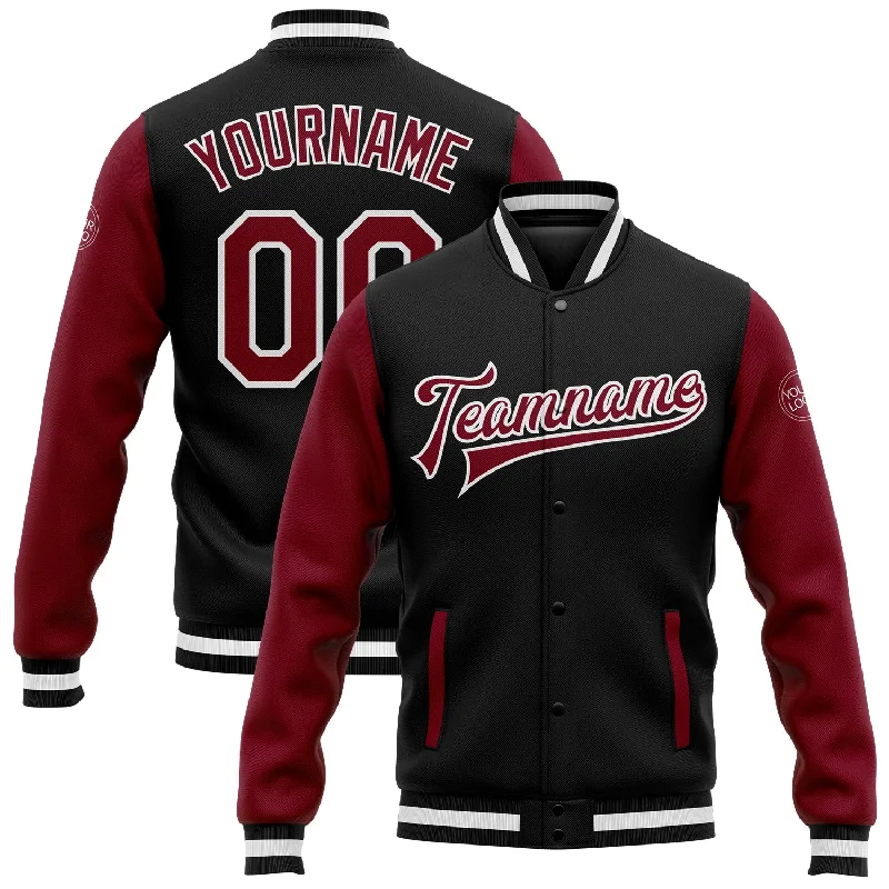 One Size Black Crimson-White Bomber Full-Snap Varsity Letterman Two Tone Jacket