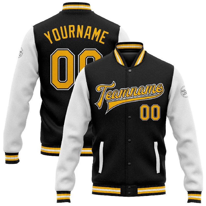 One Size Black Gold-White Bomber Full-Snap Varsity Letterman Two Tone Jacket