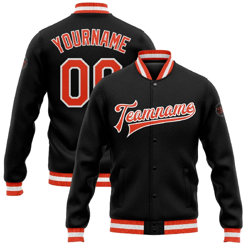 One Size Black Orange-White Bomber Full-Snap Varsity Letterman Jacket