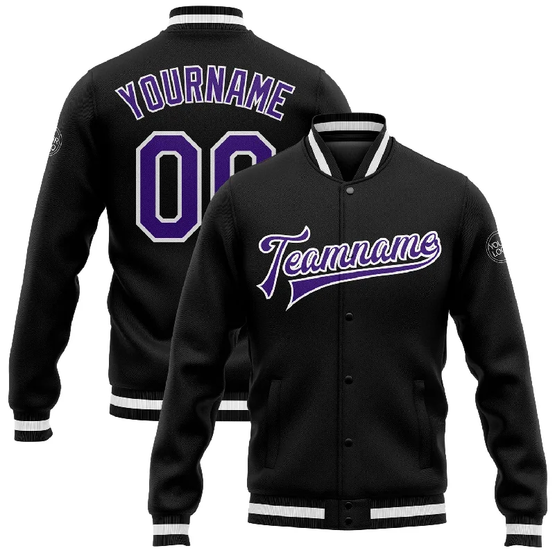 One Size Black Purple-White Bomber Full-Snap Varsity Letterman Jacket