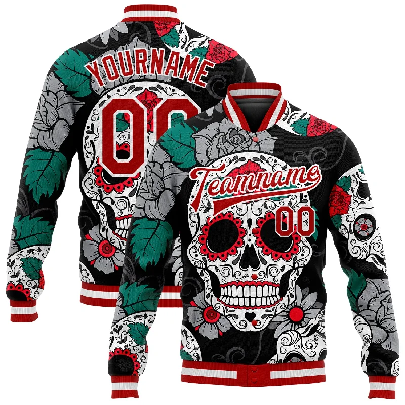 One Size Black Red-White Skull Fashion 3D Bomber Full-Snap Varsity Letterman Jacket