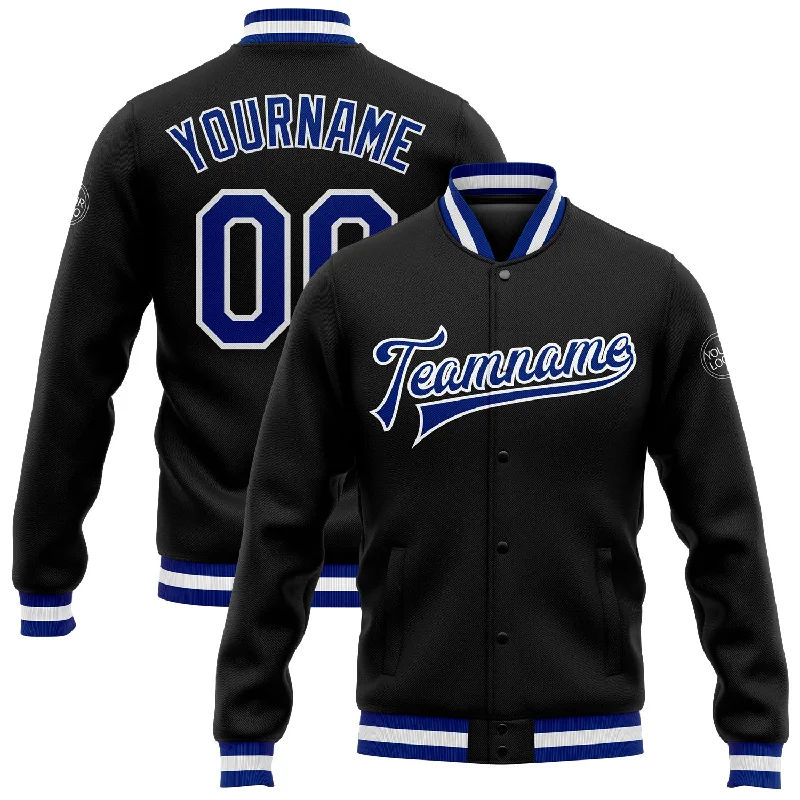 One Size Black Royal-White Bomber Full-Snap Varsity Letterman Jacket