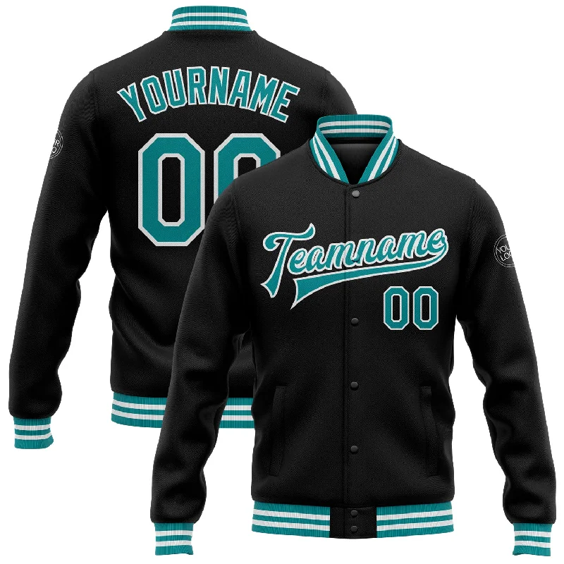 One Size Black Teal-White Bomber Full-Snap Varsity Letterman Jacket