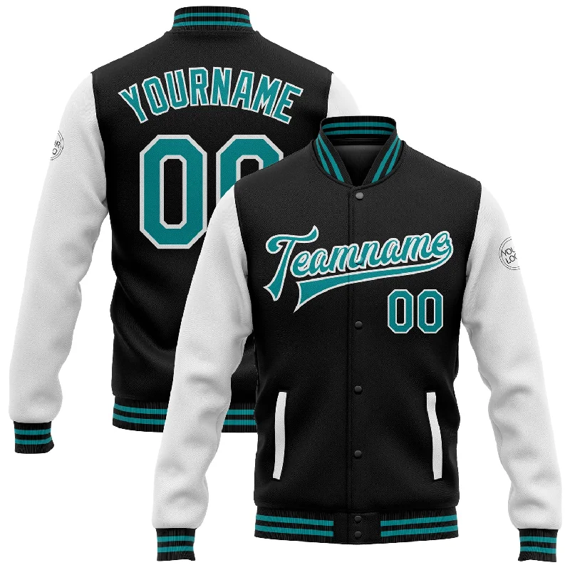 One Size Black Teal-White Bomber Full-Snap Varsity Letterman Two Tone Jacket