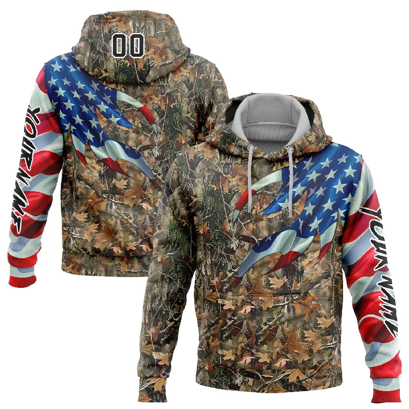 One Size Stitched Camo Black-White 3D American Flag Hunting Sports Pullover Sweatshirt Hoodie