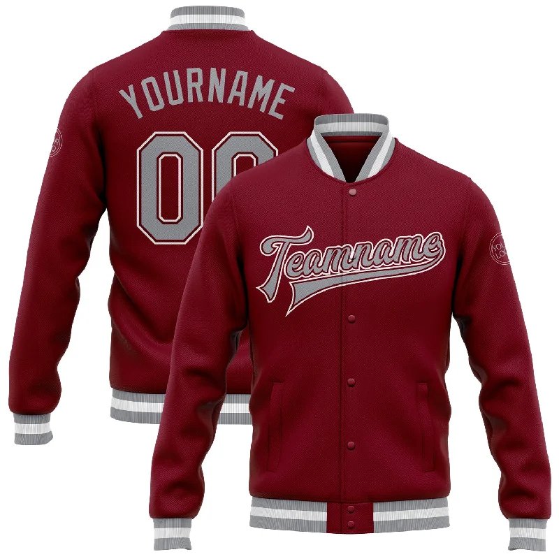 One Size Crimson Gray-White Bomber Full-Snap Varsity Letterman Jacket