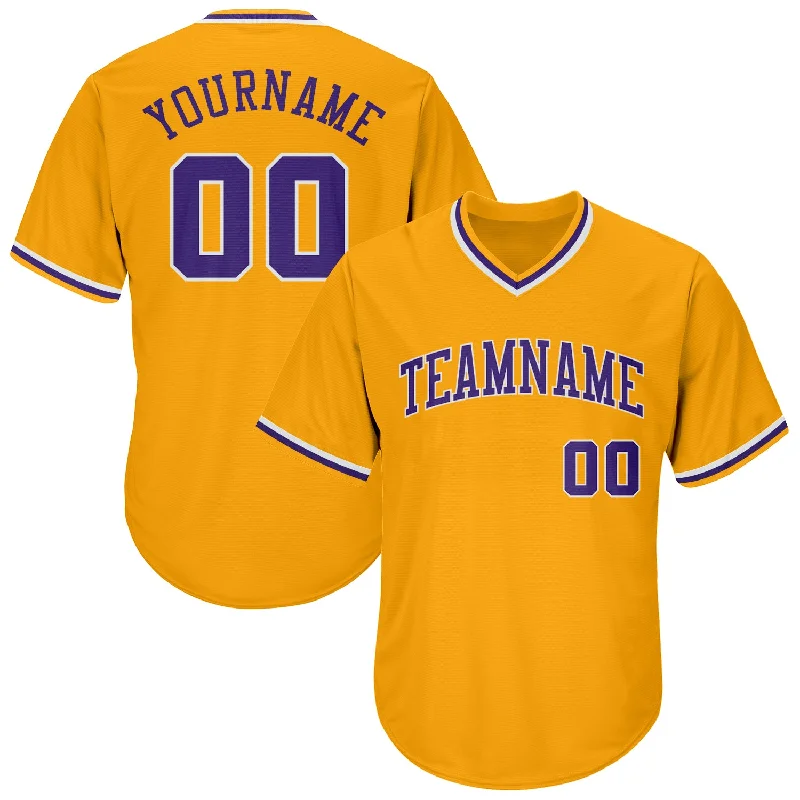 One Size Gold Purple-White Authentic Throwback Rib-Knit Baseball Jersey Shirt