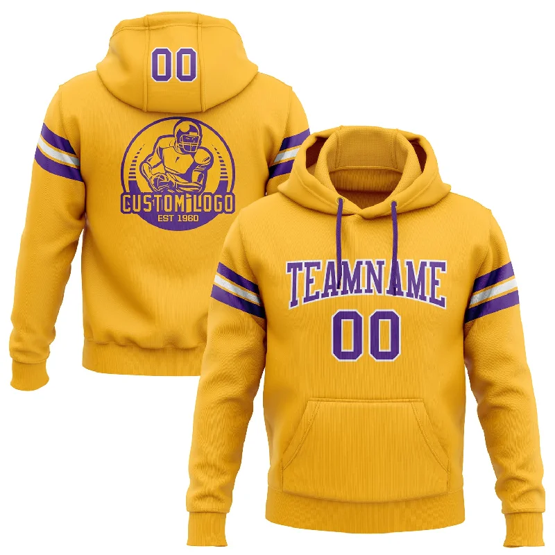 One Size Stitched Gold Purple-White Football Pullover Sweatshirt Hoodie