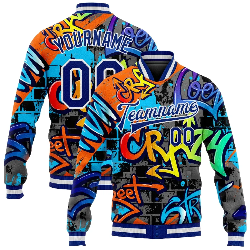 One Size Graffiti Pattern Royal-White Geometric 3D Bomber Full-Snap Varsity Letterman Jacket