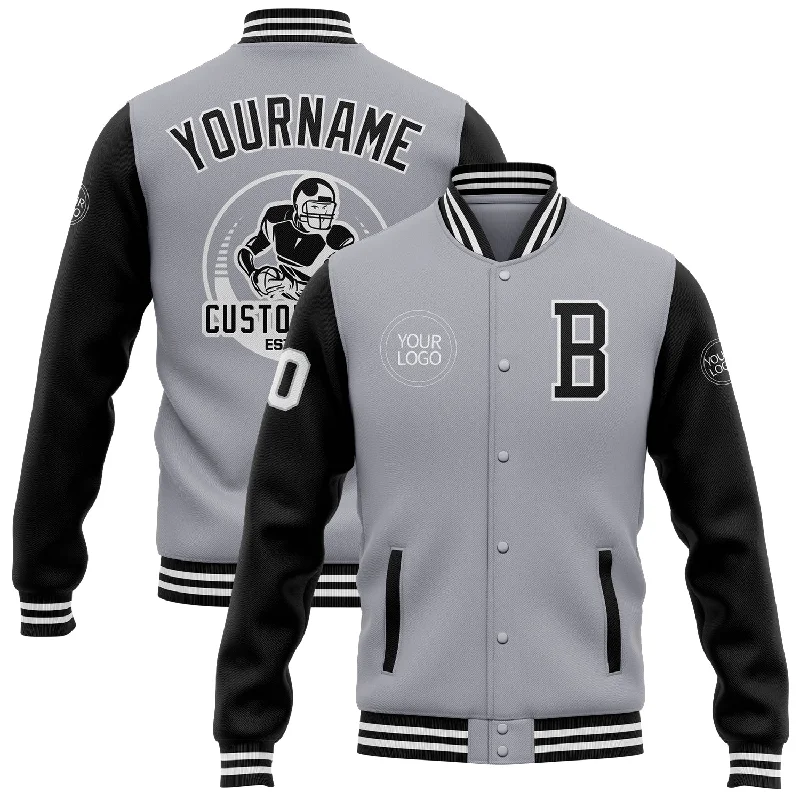 One Size Gray Black-White Bomber Full-Snap Varsity Letterman Two Tone Jacket