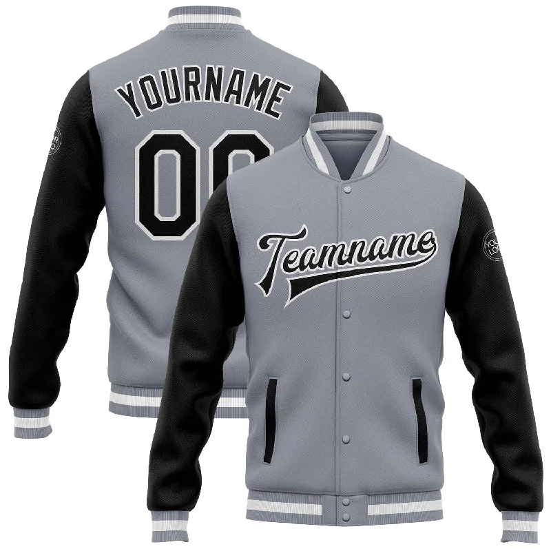 One Size Gray Black-White Bomber Full-Snap Varsity Letterman Two Tone Jacket