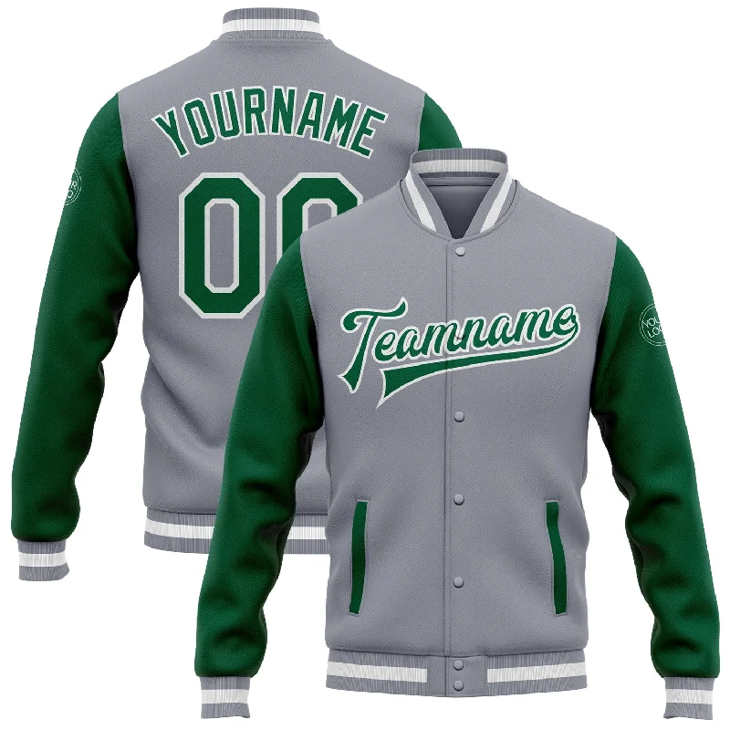 One Size Gray Kelly Green-White Bomber Full-Snap Varsity Letterman Two Tone Jacket