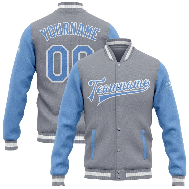 One Size Gray Light Blue-White Bomber Full-Snap Varsity Letterman Two Tone Jacket