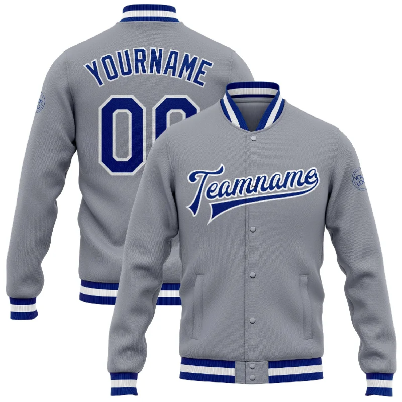 One Size Gray Royal-White Bomber Full-Snap Varsity Letterman Jacket