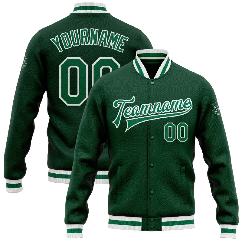 One Size Green Kelly Green-White Bomber Full-Snap Varsity Letterman Jacket