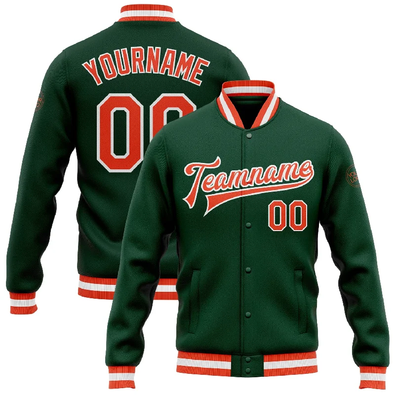 One Size Green Orange-White Bomber Full-Snap Varsity Letterman Jacket