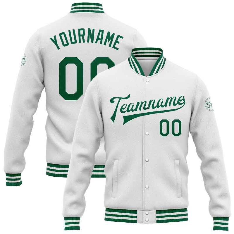 One Size White Kelly Green Bomber Full-Snap Varsity Letterman Jacket