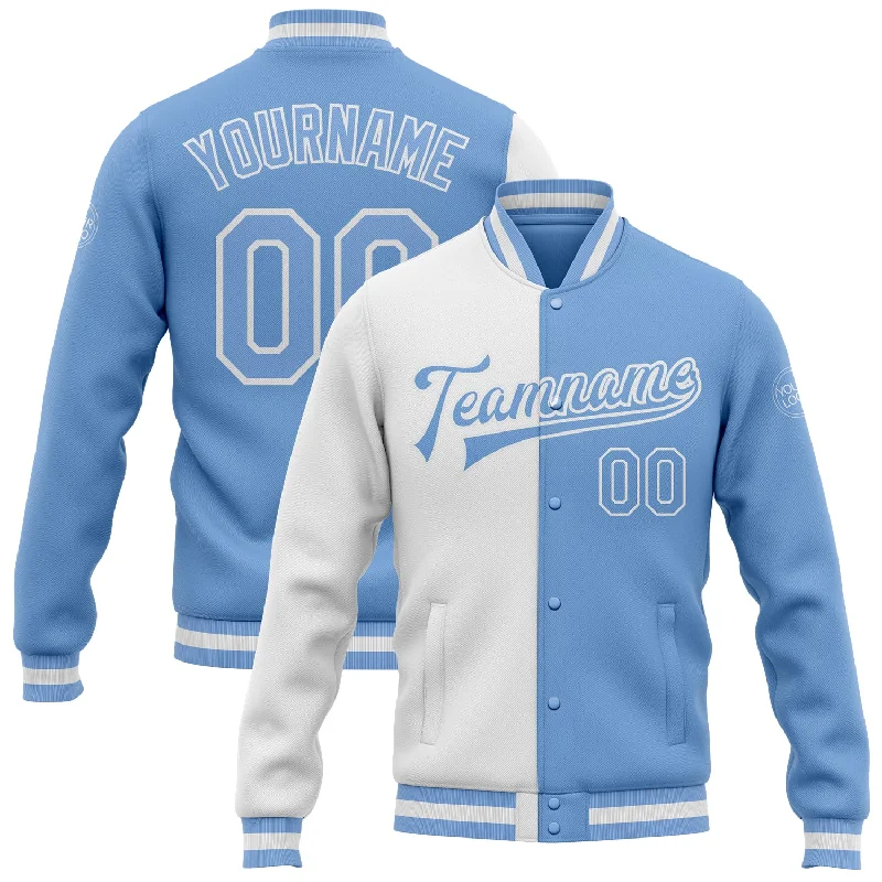 One Size White Light Blue Bomber Full-Snap Varsity Letterman Split Fashion Jacket