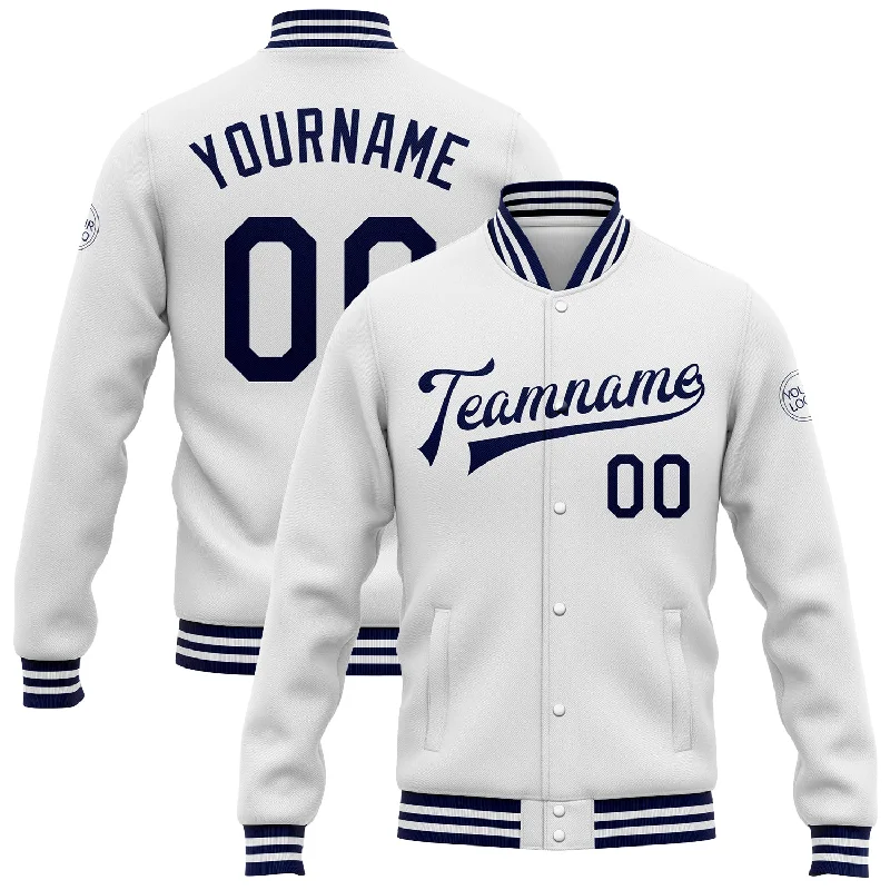 One Size White Navy Bomber Full-Snap Varsity Letterman Jacket