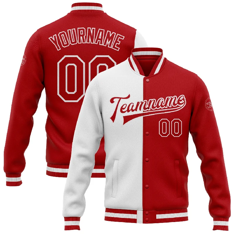 One Size White Red Bomber Full-Snap Varsity Letterman Split Fashion Jacket