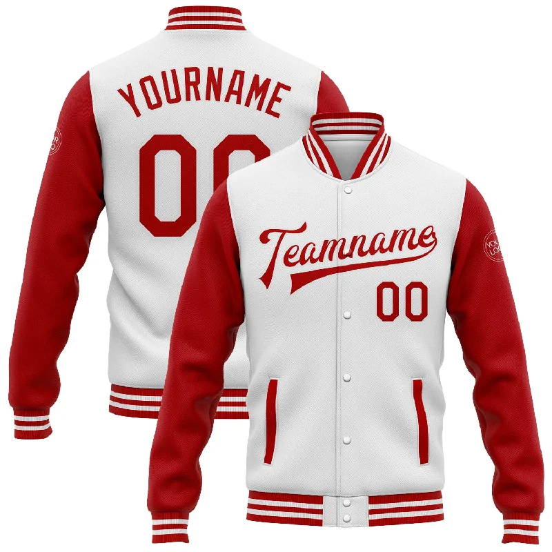 One Size White Red Bomber Full-Snap Varsity Letterman Two Tone Jacket