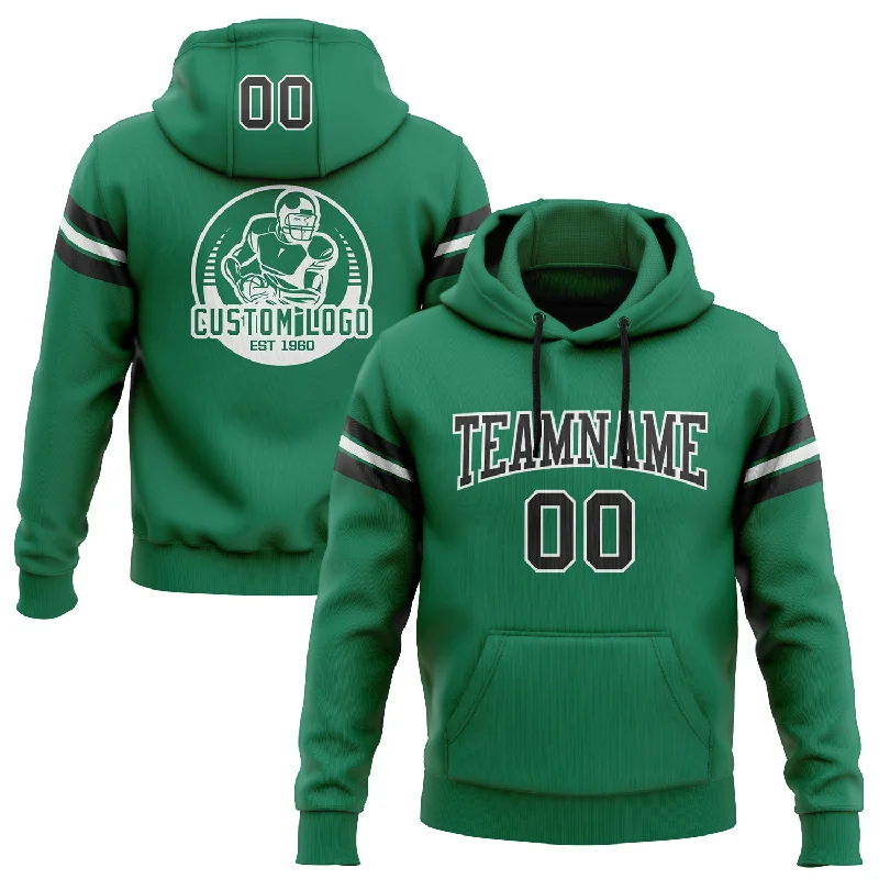 One Size Stitched Kelly Green Black-White Football Pullover Sweatshirt Hoodie