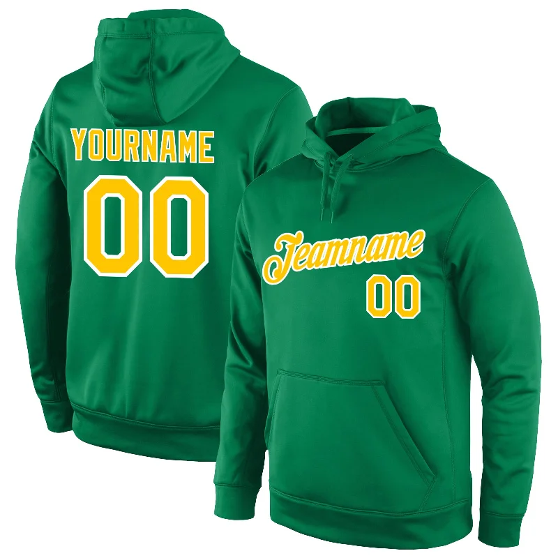 One Size Stitched Kelly Green Gold-White Sports Pullover Sweatshirt Hoodie