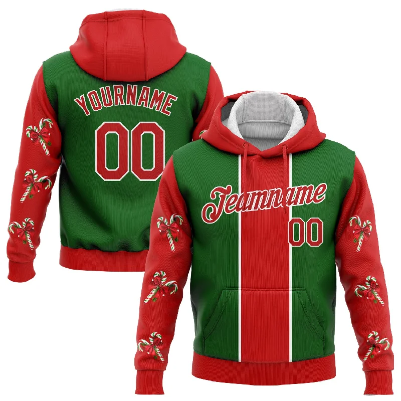 One Size Stitched Kelly Green Red-White 3D Christmas Candy Canes Sports Pullover Sweatshirt Hoodie